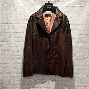 Italian Woman's Brown Leather‎ Zip Up Jacket Made by CURGÈ size 2X EU 54 NWT W20